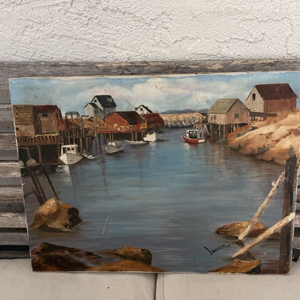 Signed Nautical Harbor Scene Canvas Painting 16x13 in Boats Buildings